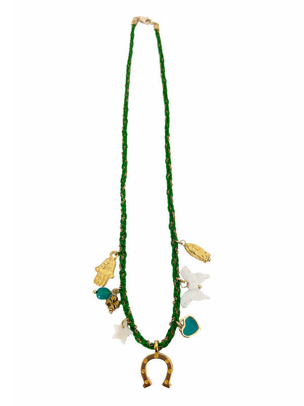 Braided Green Necklace With Charms | Queen Magpie