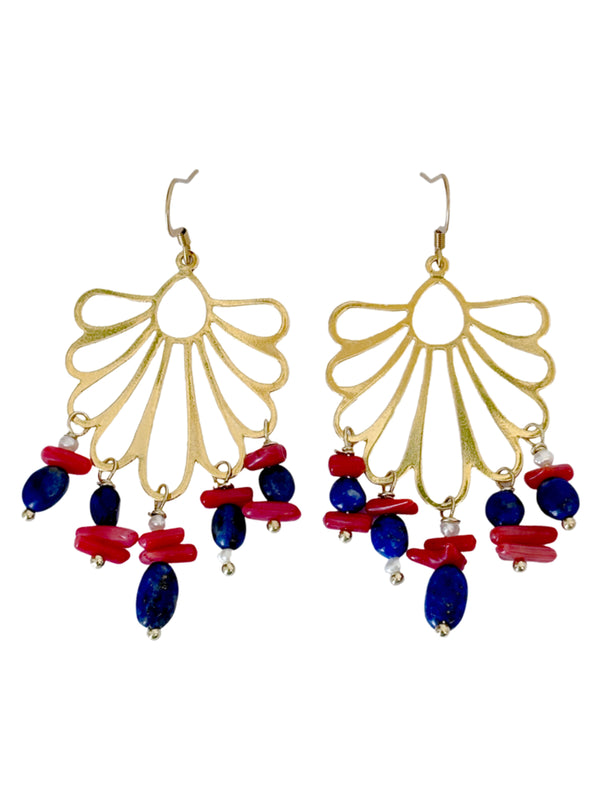 Gold Scallop Earrings with Lapis & Coral | Queen Magpie