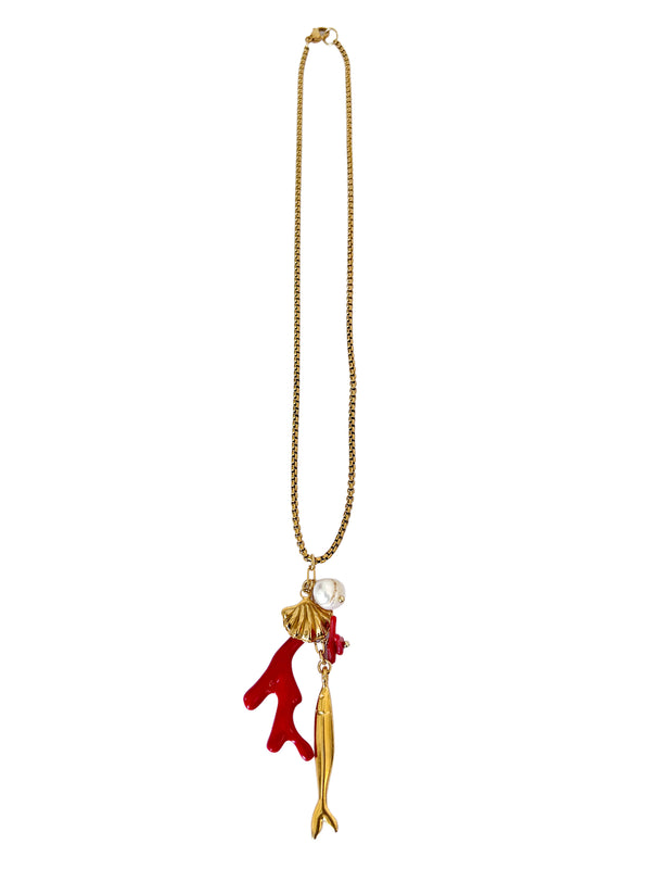 Rolo Chain With Fish And Red Coral| Queen Magpie