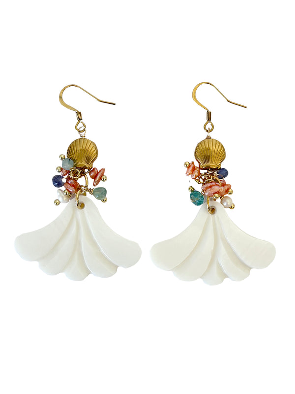 Scallop Shell Earrings with Gold Shell and Gem Cluster | Queen Magpie