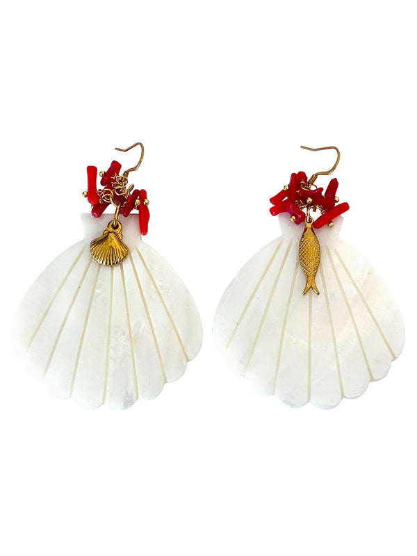 Large Shell Earrings with Coral Cluster | Queen Magpie