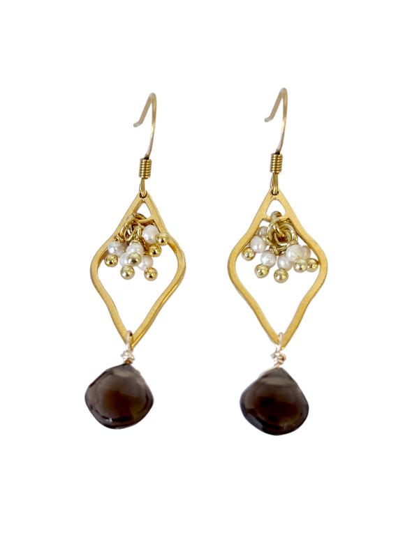 Delicate Teardrop Earrings with Smoky Quartz and Seed Pearls | Queen Magpie
