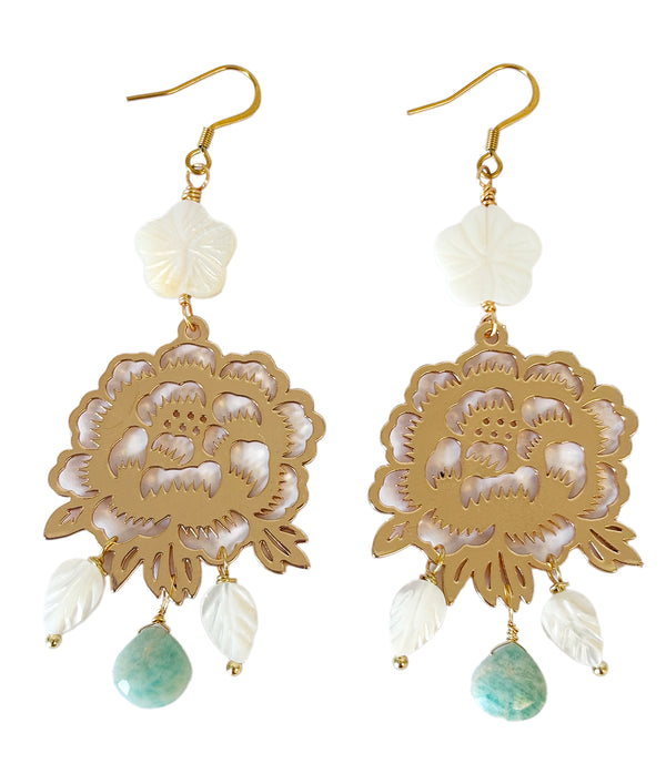 Flower Earrings With Amazonite And Shell Leaves  | Queen Magpie