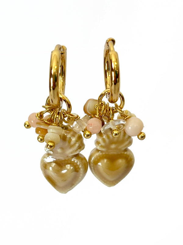 Gold Hoops with Ceramic Heart and Gemstones