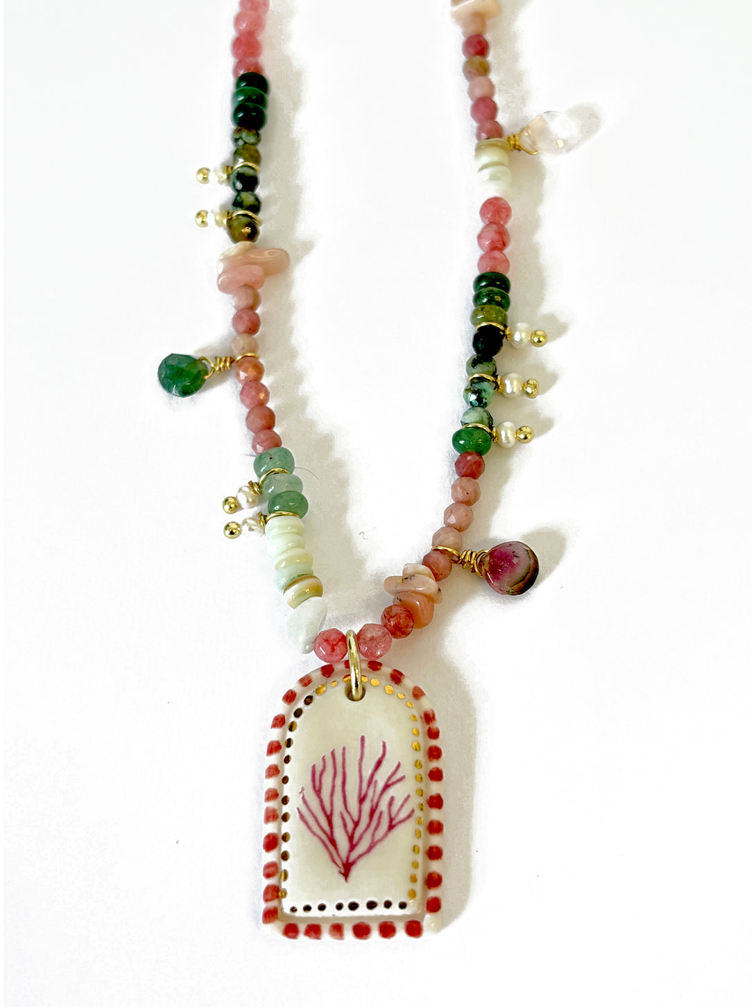 Watermelon Beaded Necklace with Porcelain Pendant | Queen Magpie.