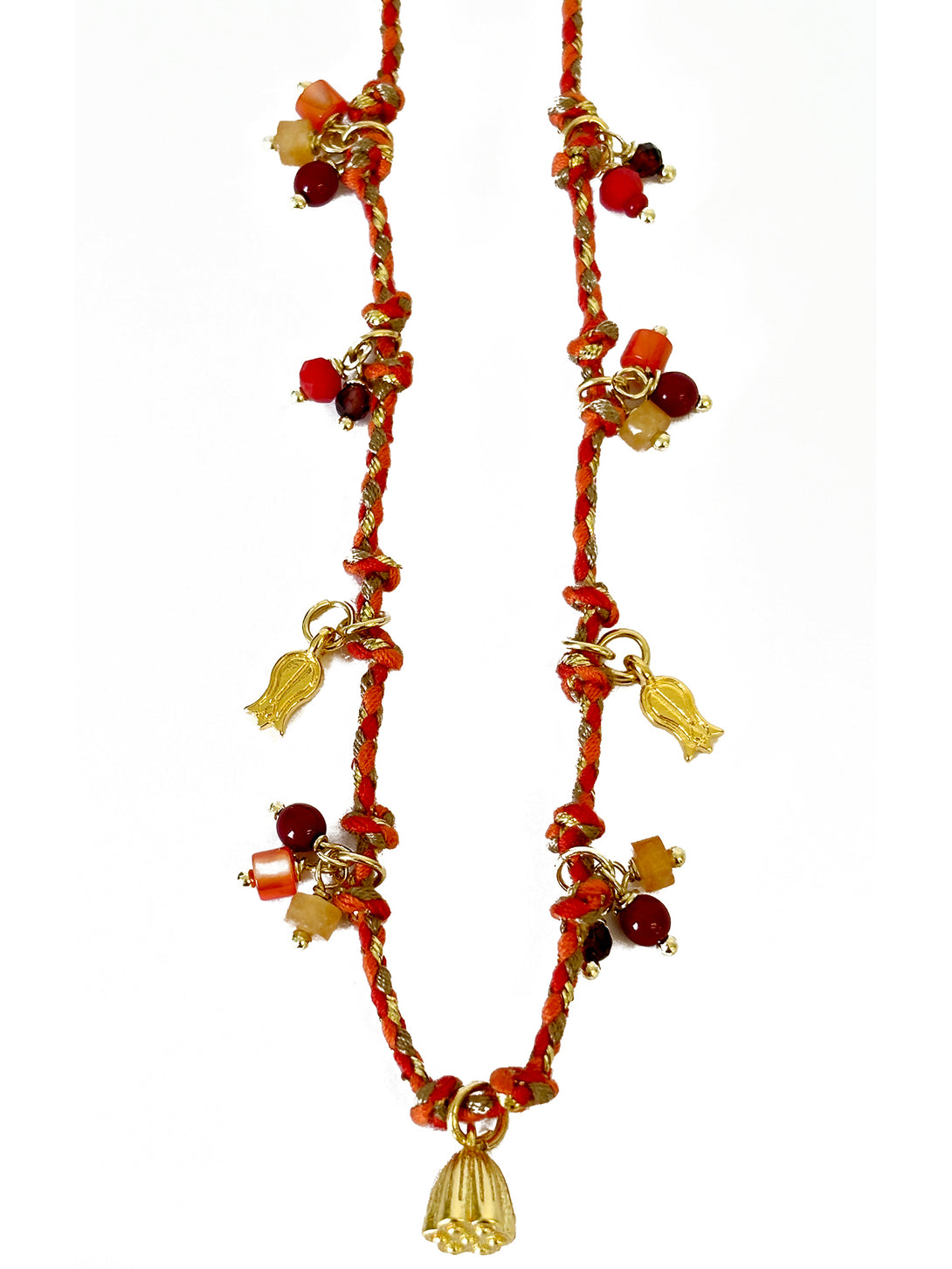 Orange, Red and Gold Thread Necklace with Gold Charms & Lotus Pod | Queen Magpie.