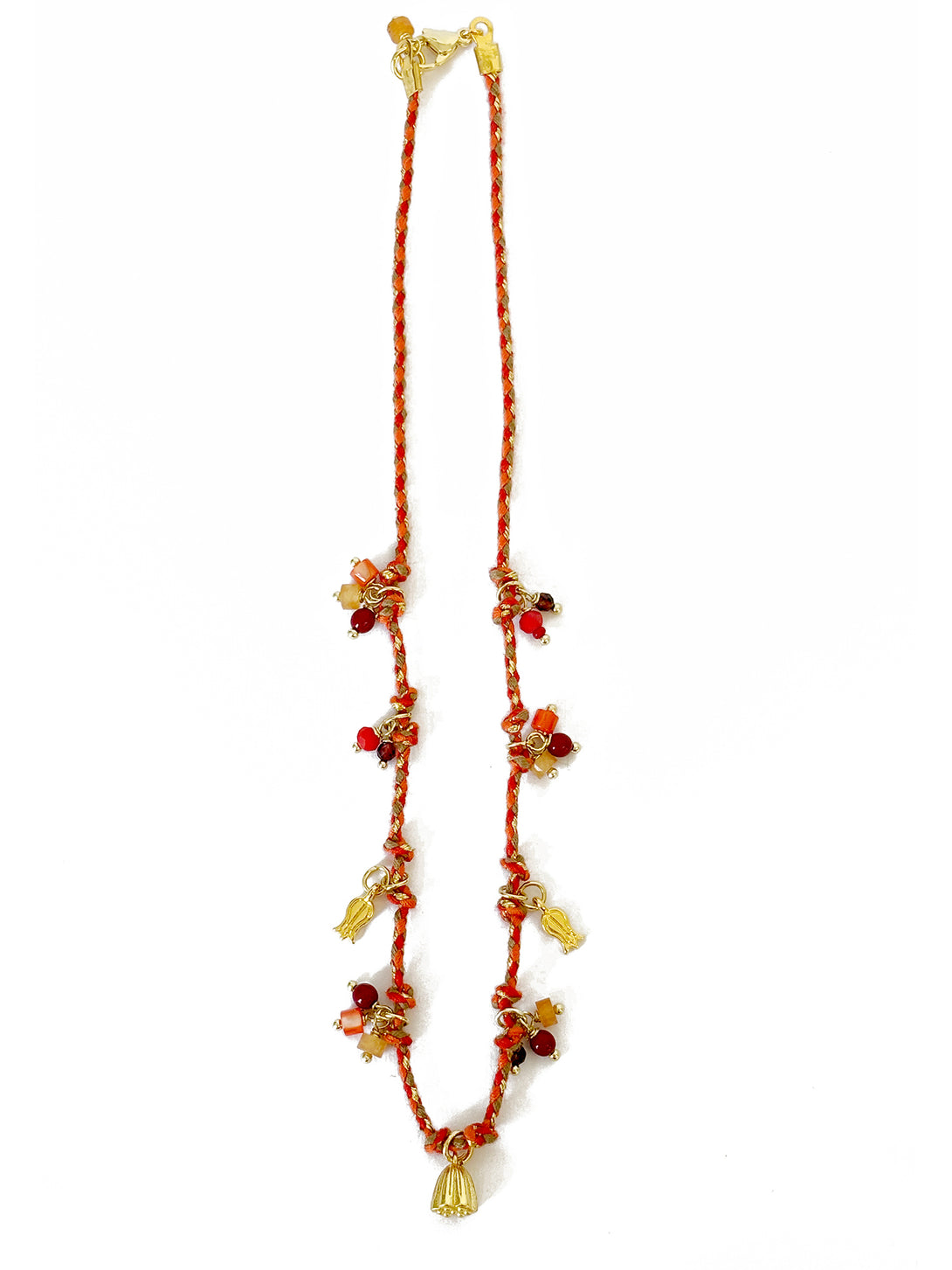 Orange, Red and Gold Thread Necklace with Gold Charms & Lotus Pod | Queen Magpie.