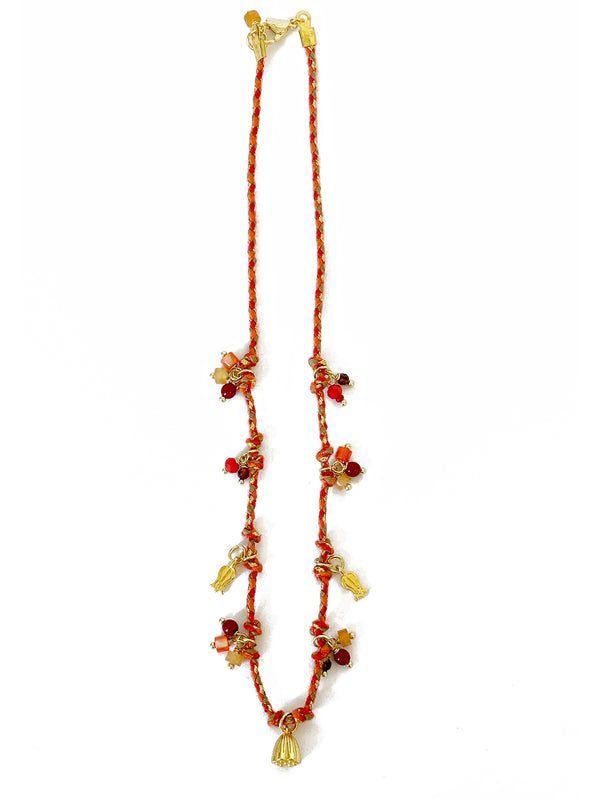 Orange, Red and Gold Thread Necklace with Gold Charms & Lotus Pod | Queen Magpie.