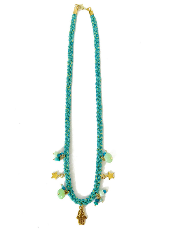 Braided Turquoise and Green Thread Necklace with Assorted Gems | Queen Magpie.