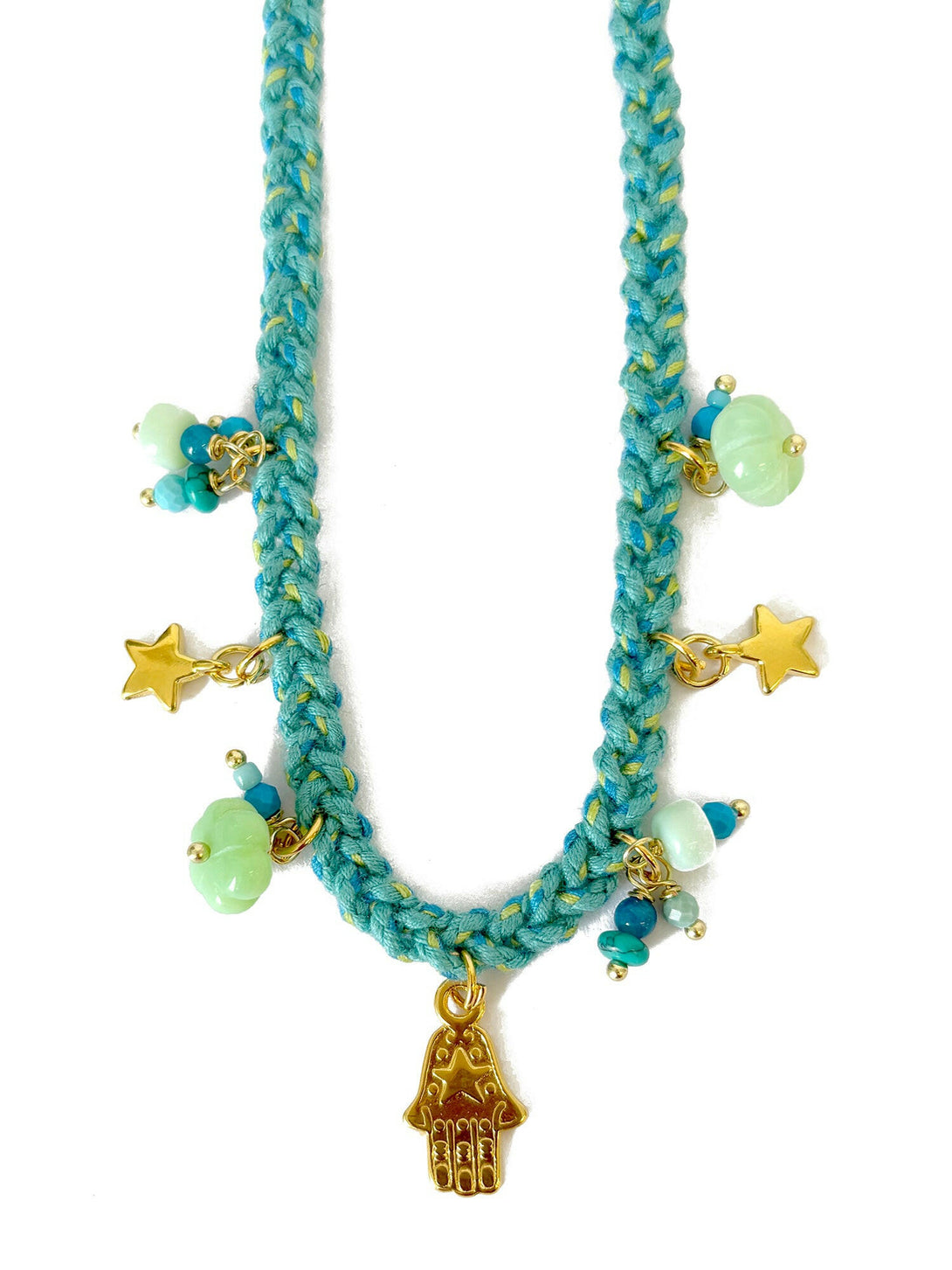 Braided Turquoise and Green Thread Necklace with Assorted Gems | Queen Magpie.