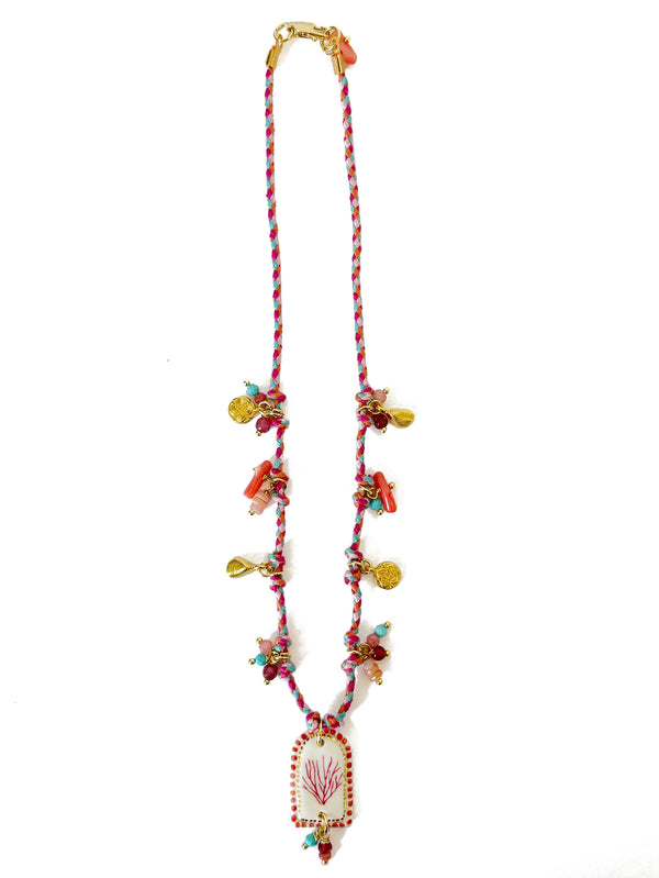 Bright Pink, Coral and Turquoise Thread Necklace with Porcelain Pendant | Queen Magpie