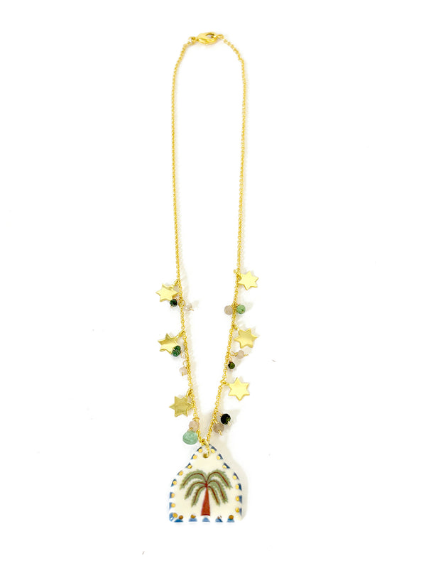 Star Necklace with assorted gems and Porcelain Pendant | Queen Magpie