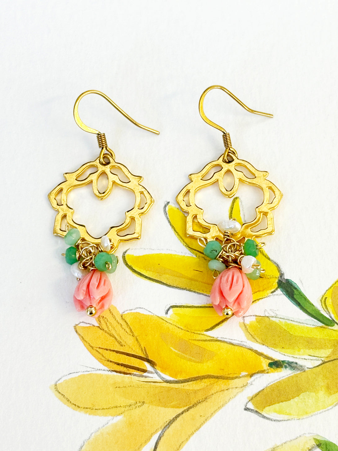 Petal Earrings with Chrysoprase and Pink Flowers | Queen Magpie.