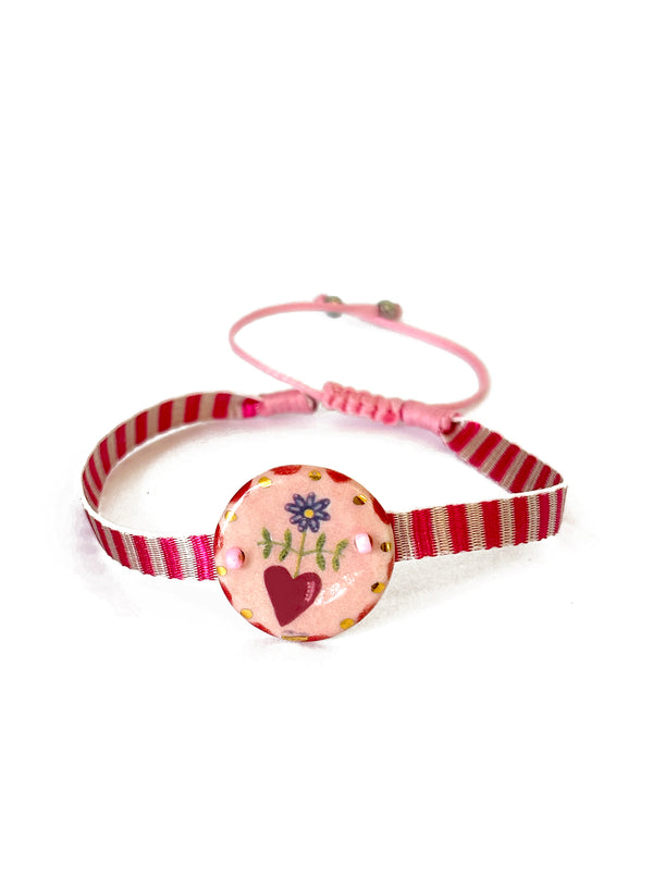 Pink and White Stripe Band  with Heart Porcelain Pendant | Queen Magpie