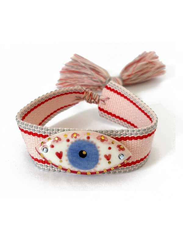 Eye Porcelain Pendant on Light Pink, Red and Grey Band | Queen Magpie