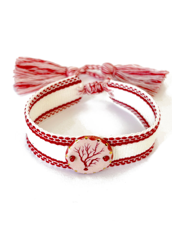 Coral Porcelain Pendant on White and Red Band | Queen Magpie