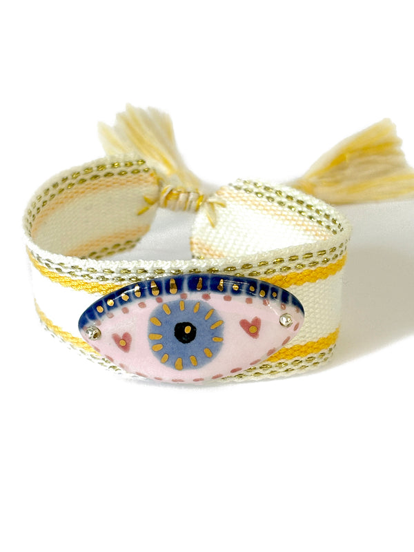 Eye Porcelain Pendant on White, Yellow and Gold Band | Queen Magpie