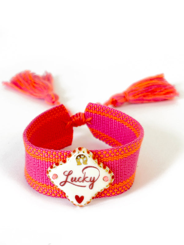 Lucky Porcelain Pendant on Lumo Pink and Orange Band | Queen Magpie