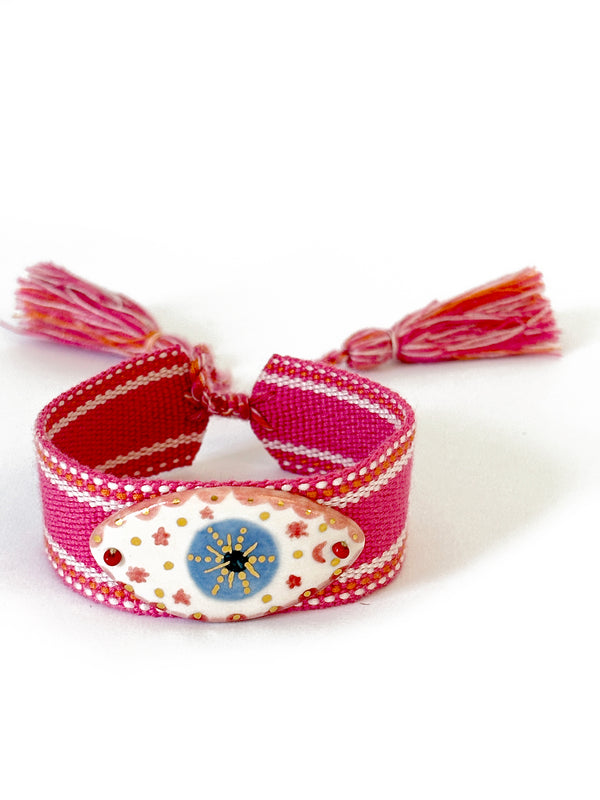 Eye Porcelain Pendant on Deep Pink, White and Coral Band | Queen Magpie