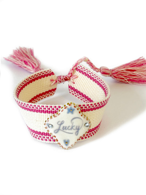 Lucky Porcelain Pendant on Dark Pink and Cream Band | Queen Magpie