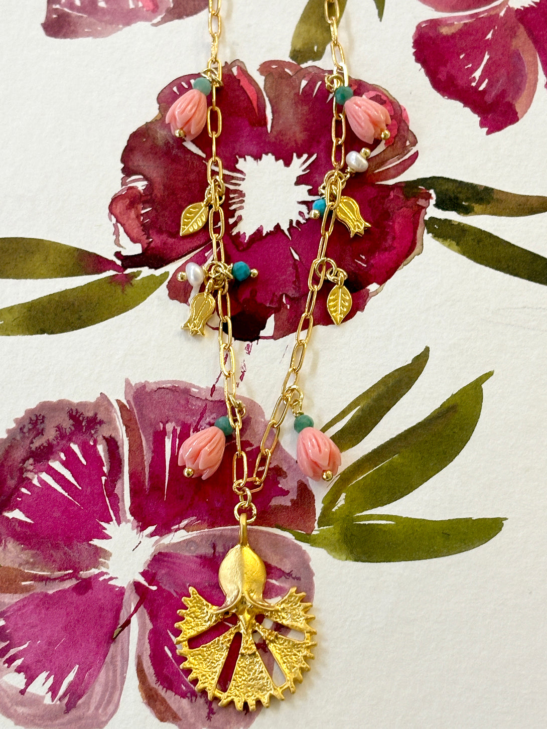 Turkish Flower with Pink Buds and Gold Charms Necklace | Queen Magpie.