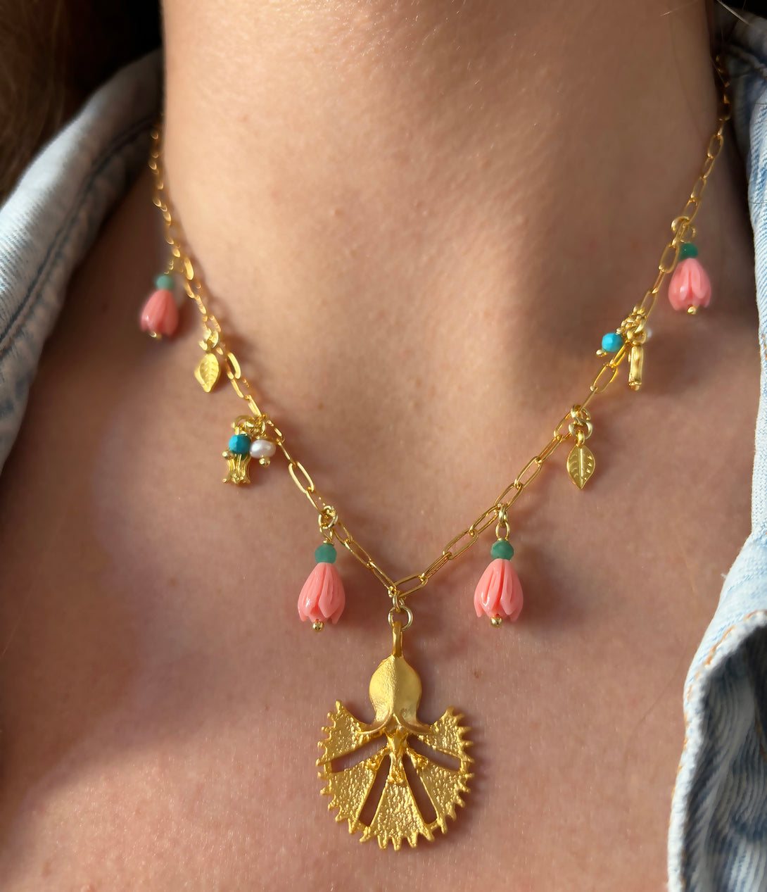 Turkish Flower with Pink Buds and Gold Charms Necklace | Queen Magpie.