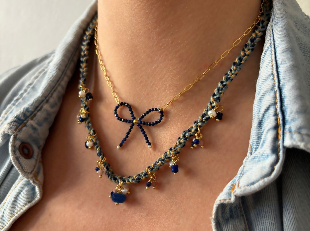 Braided Necklace with Lapis and Pink | Queen Magpie.