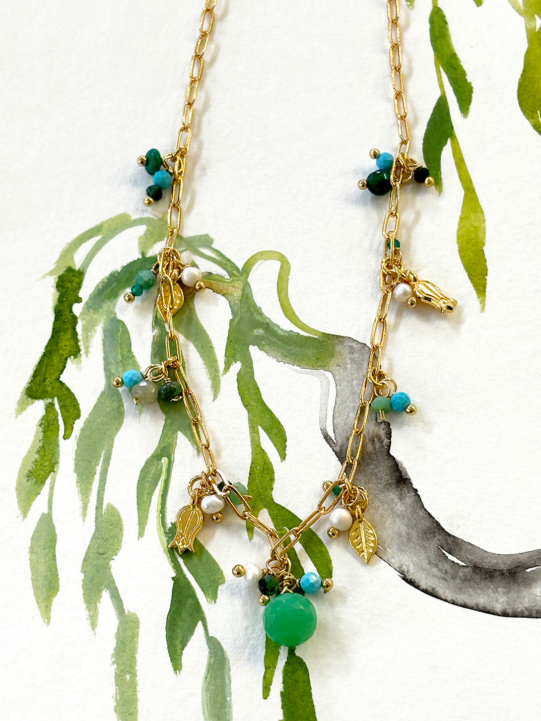 Assorted Green Gems Necklace with Chrysoprase Briolette | Queen Magpie.