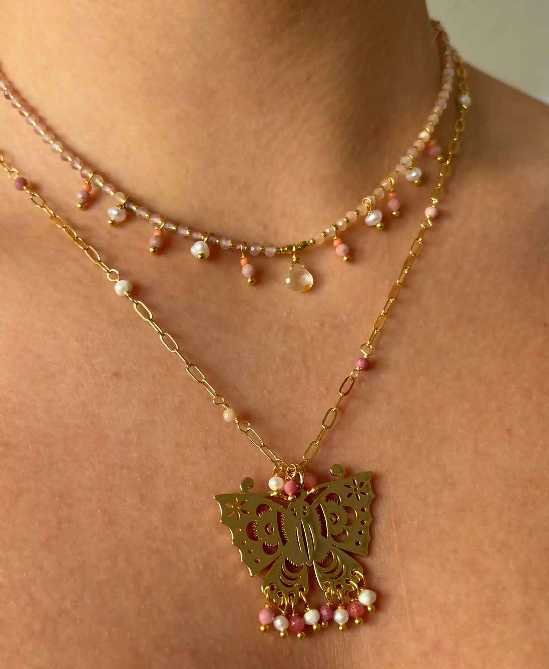 Delicate Pink Necklace with Briolette, Pearls and Gemstones | Queen Magpie.