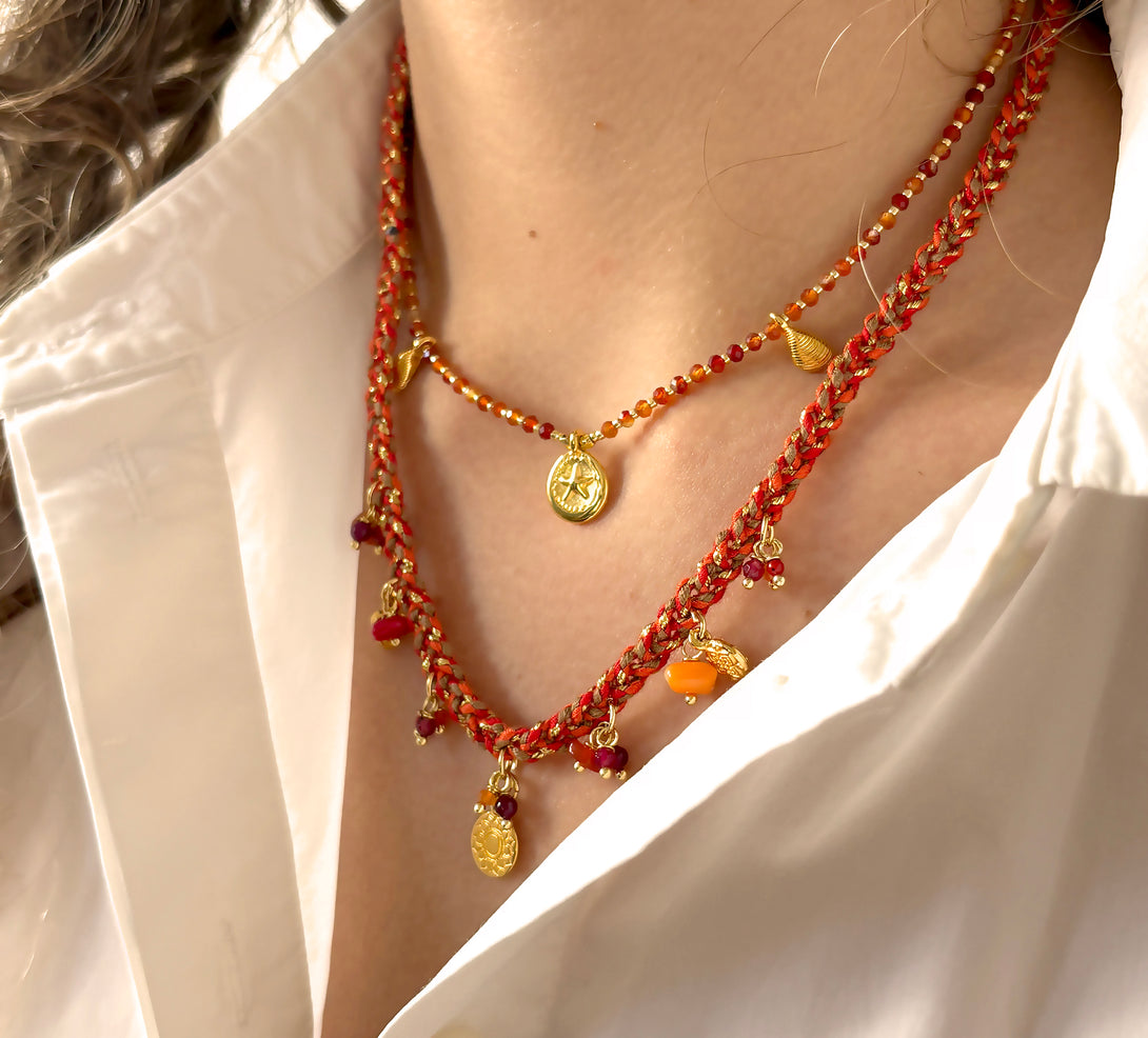 Braided Thread Necklace with Assorted Red and Orange Gemstones | Queen Magpie.