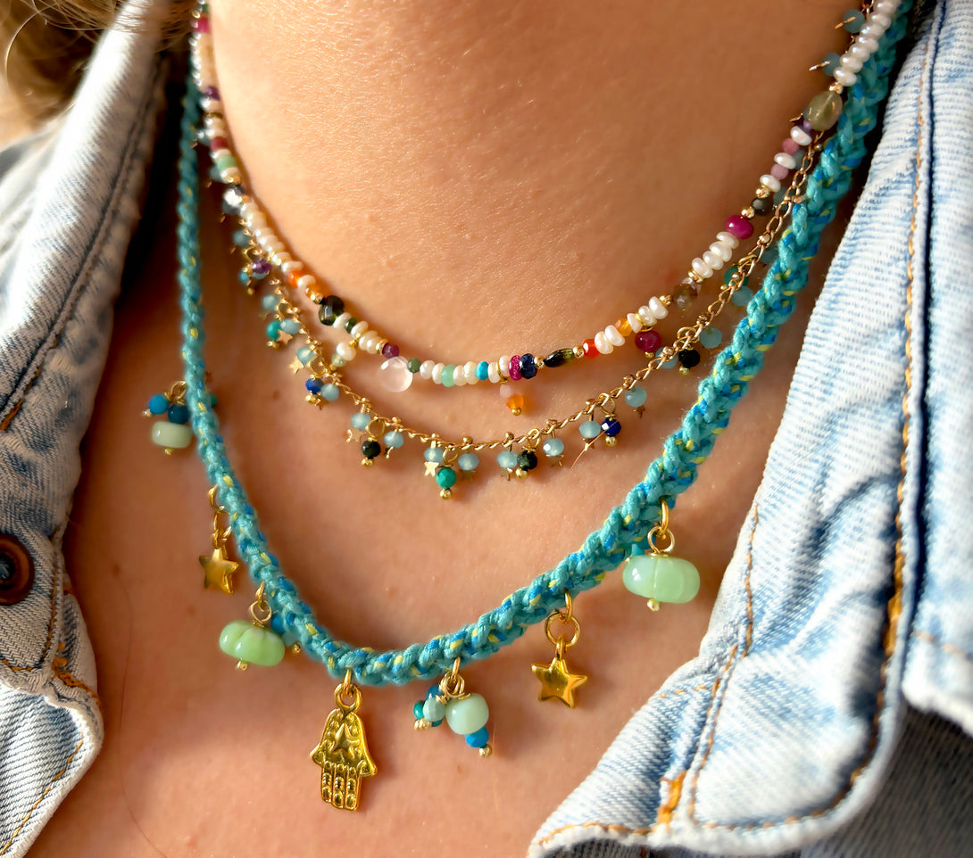 Braided Turquoise and Green Thread Necklace with Assorted Gems | Queen Magpie.