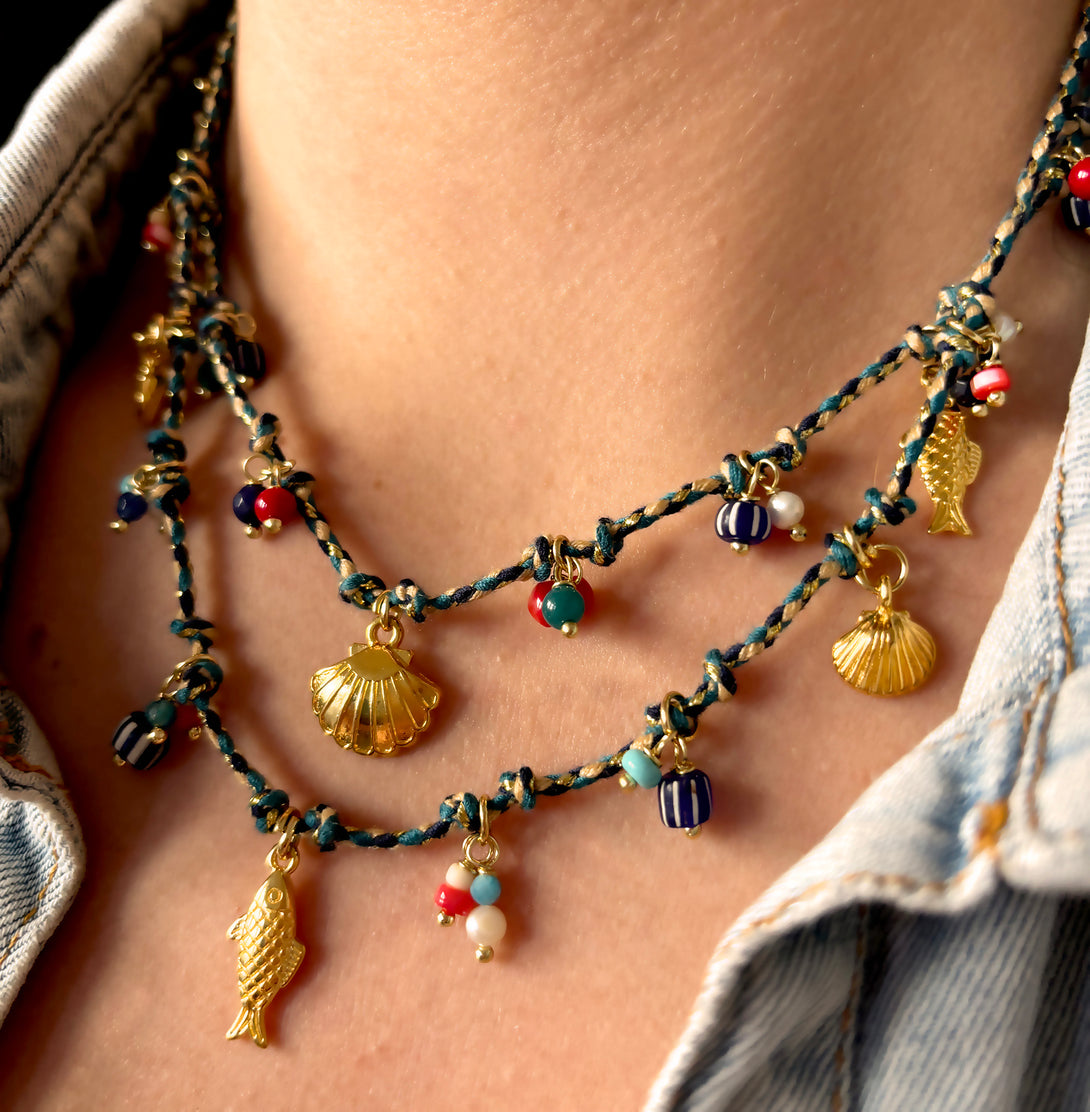 Blue Thread Necklace with Coral and Shell Charm | Queen Magpie.