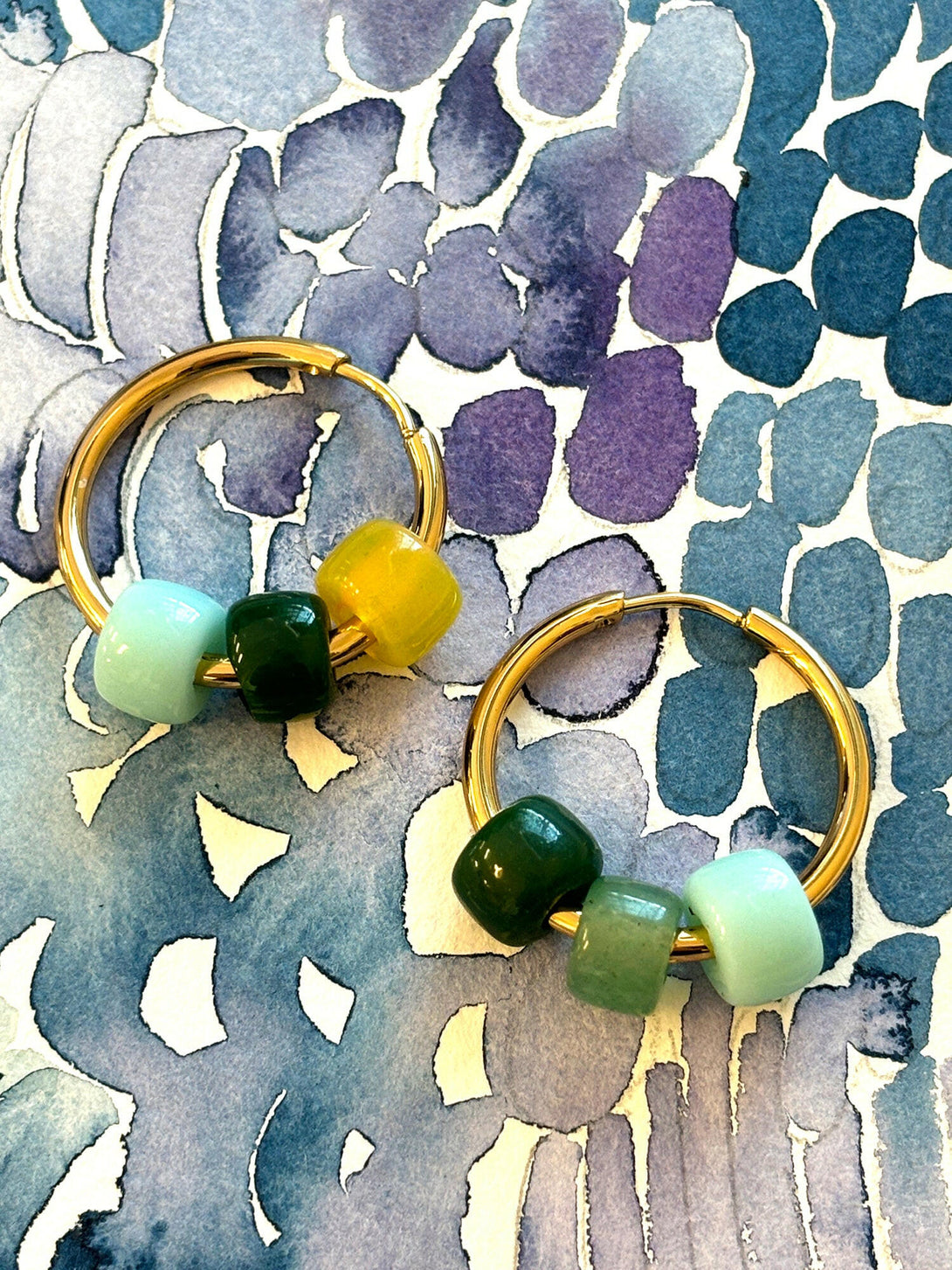 Gold Hoop Earrings with Turquoise Tone Stone Beads | Queen Magpie.