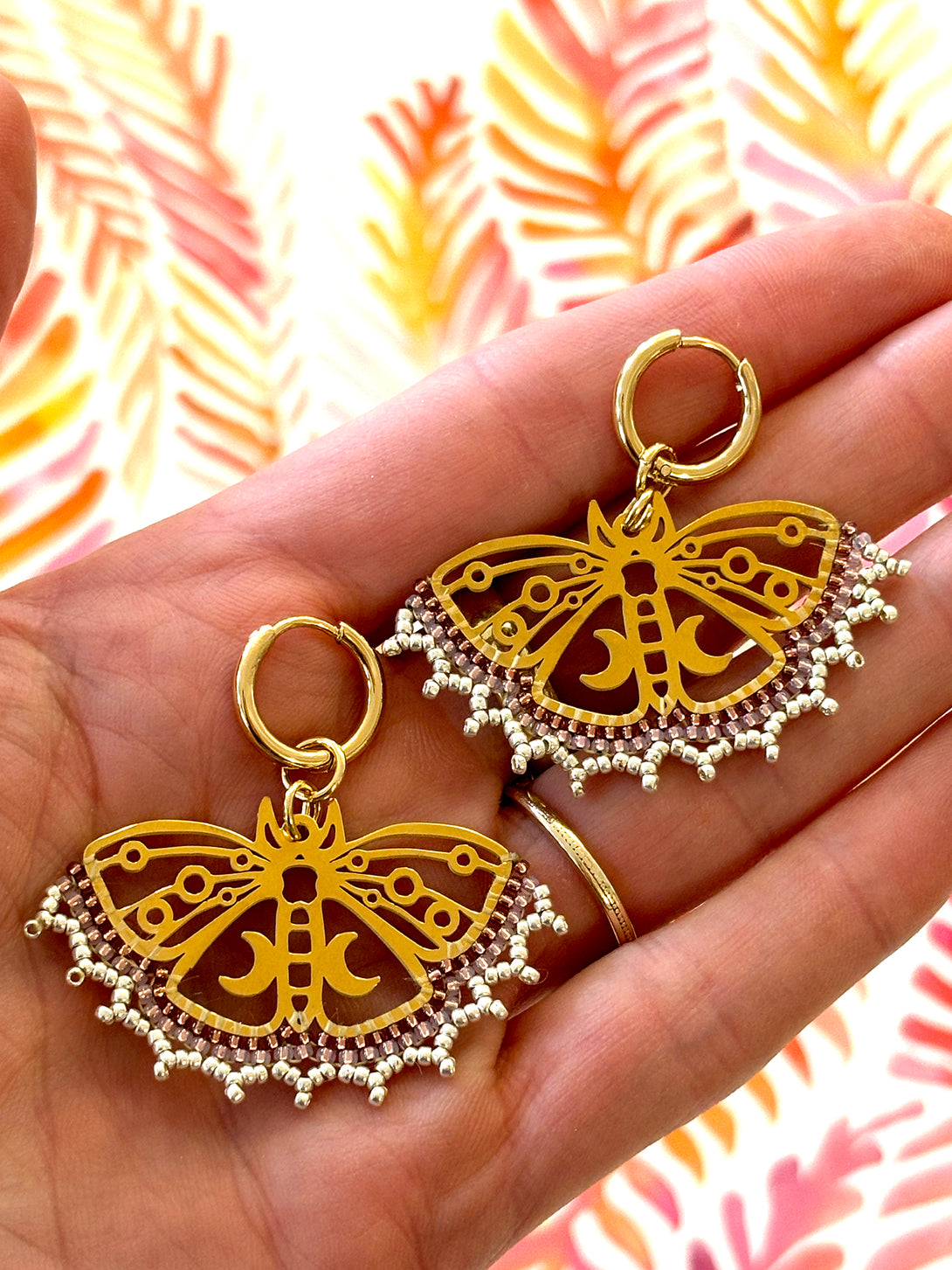 Butterfly Hoops Earrings with Gold Seed Beads | Queen Magpie.