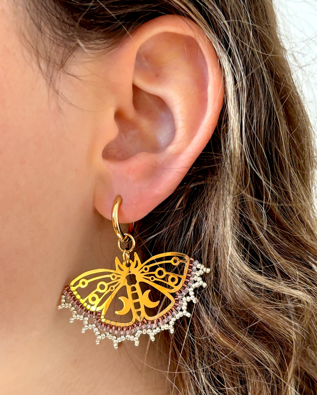 Butterfly Hoops Earrings with Gold Seed Beads | Queen Magpie.