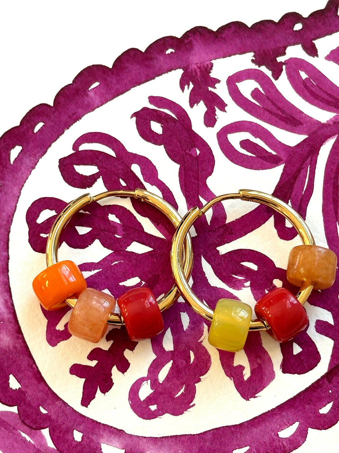 Hoop Earrings with Coral Tone Stone Beads | Queen Magpie.