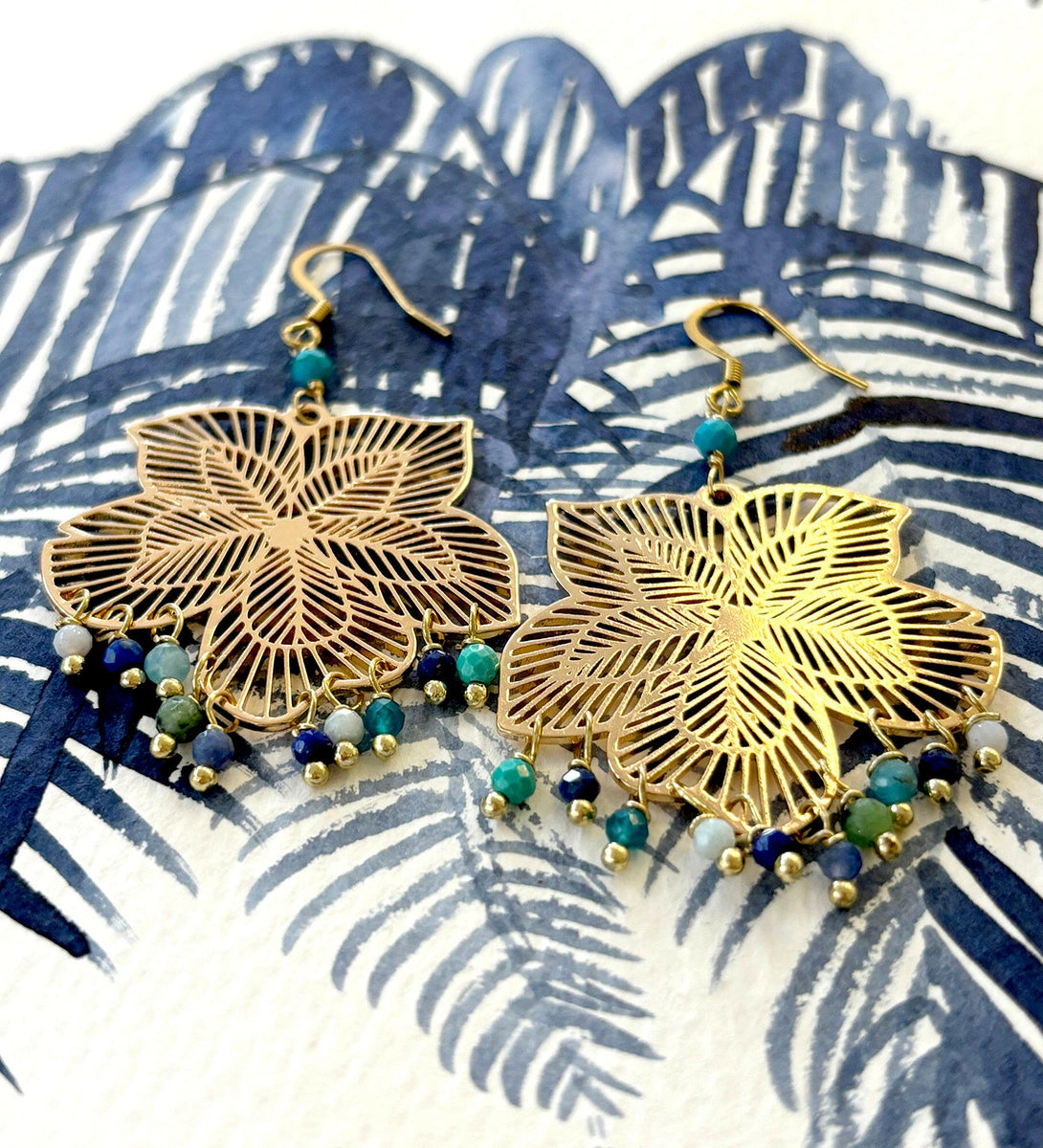 Flower Earrings with Dangling Gems | Queen Magpie.