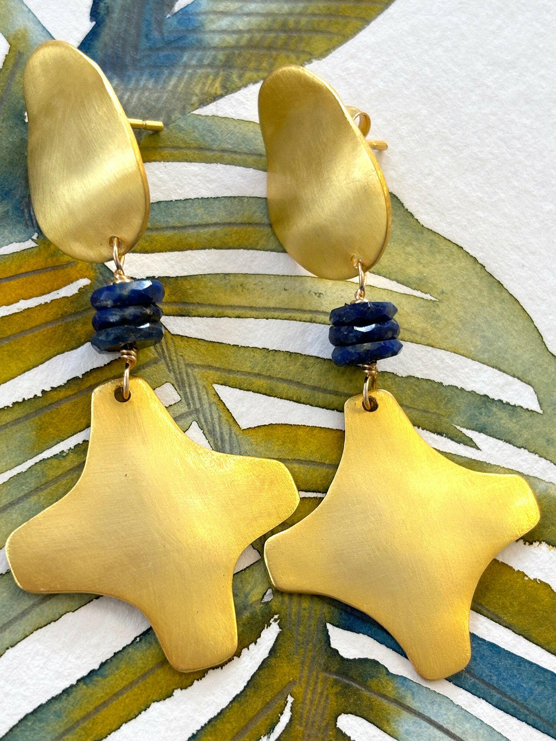 Matt Gold Earrings with Lapis Disks | Queen Magpie.