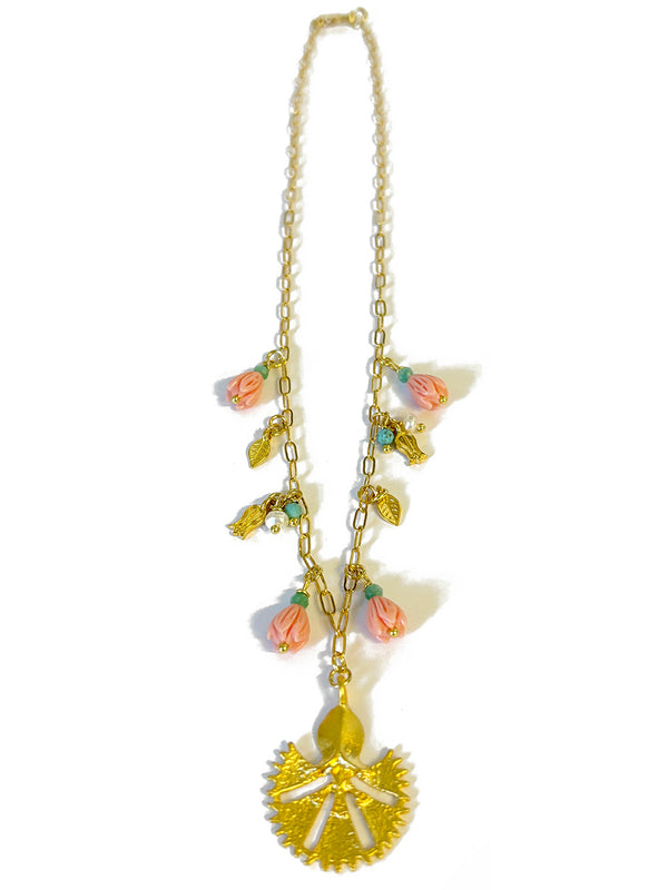 Turkish Flower with Pink Buds and Gold Charms Necklace | Queen Magpie.