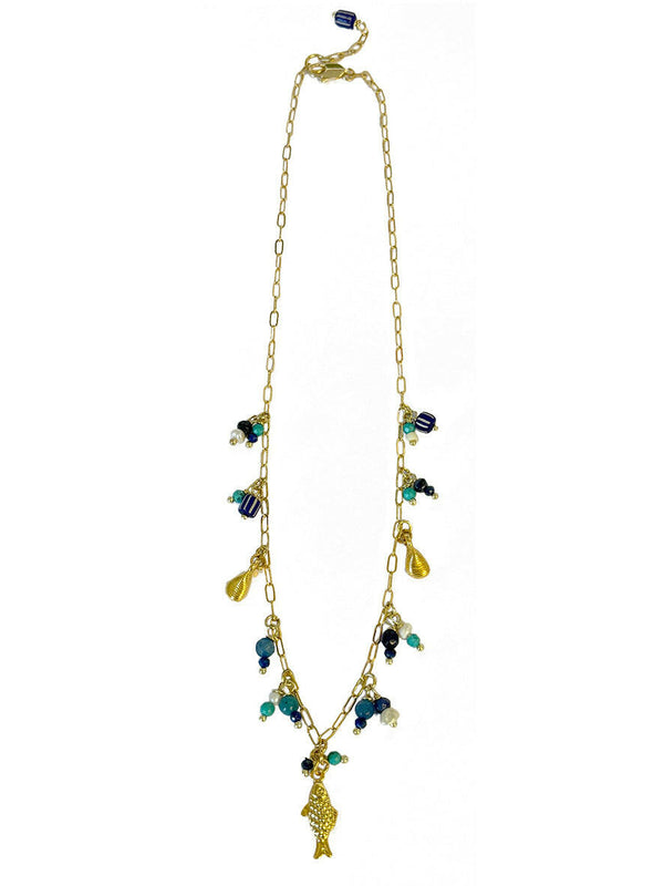 Assorted Blue Gems Necklace with Fish Pendant | Queen Magpie.