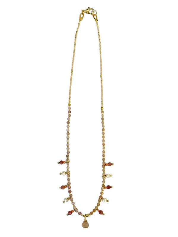 Delicate Pink Necklace with Briolette, Pearls and Gemstones | Queen Magpie.