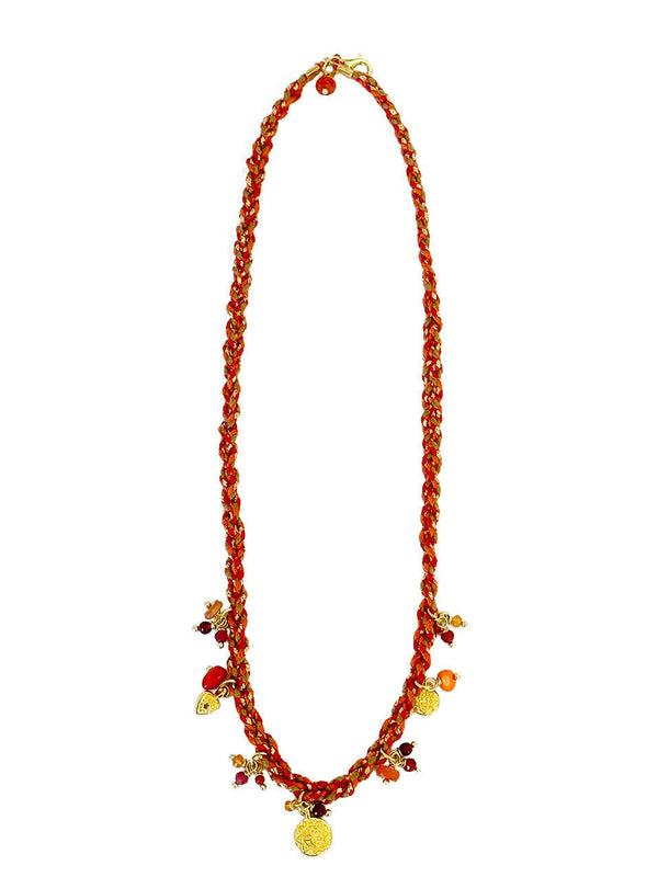 Braided Thread Necklace with Assorted Red and Orange Gemstones | Queen Magpie.