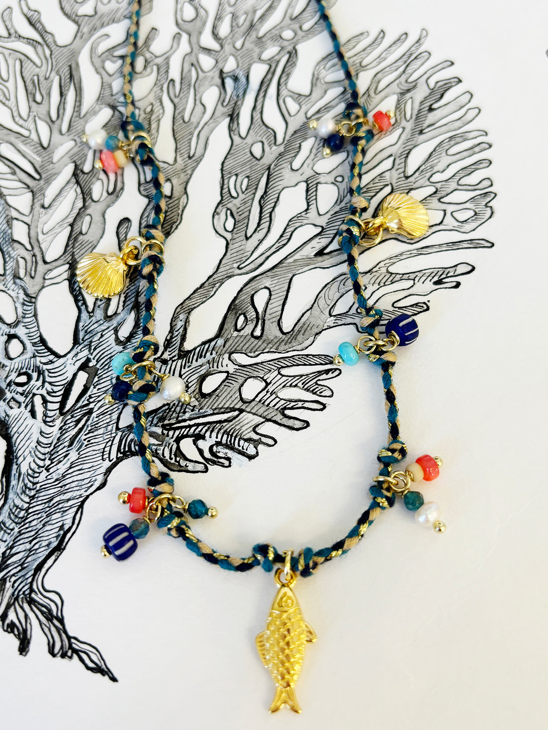 Blue and Coral Thread Necklace with Fish  | Queen Magpie.