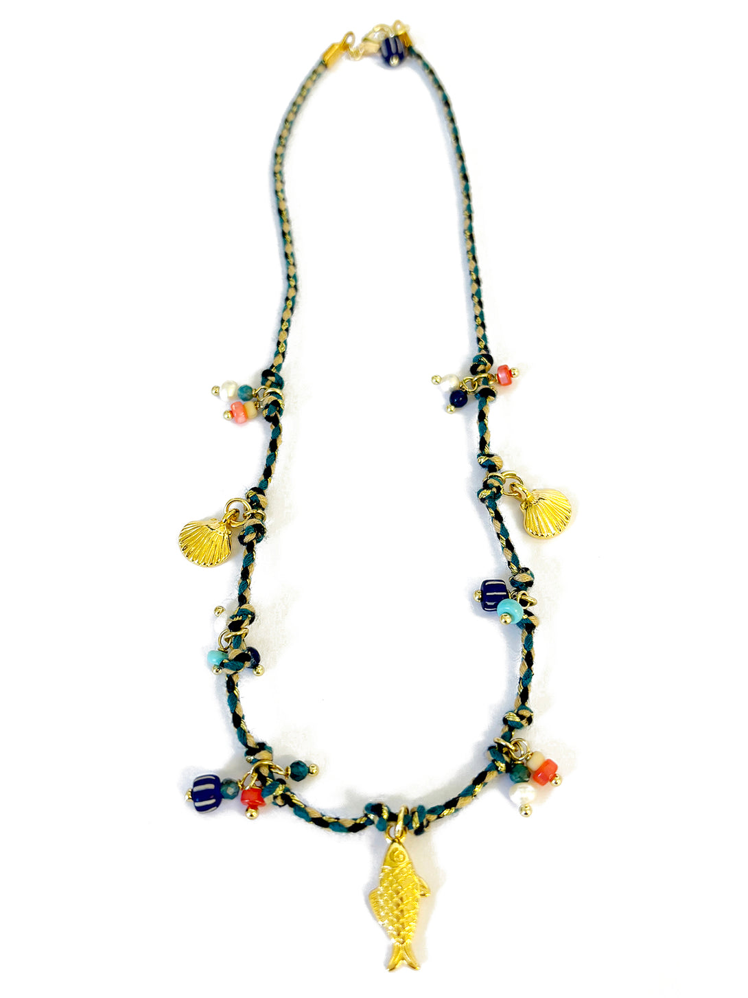 Blue and Coral Thread Necklace with Fish  | Queen Magpie.