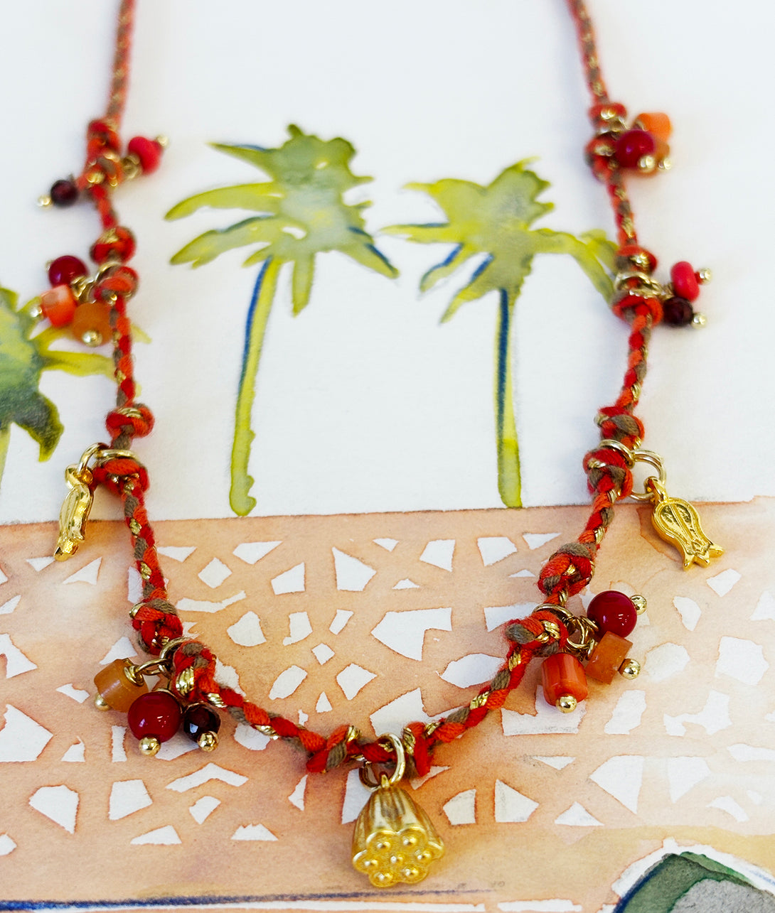 Orange, Red and Gold Thread Necklace with Gold Charms & Lotus Pod | Queen Magpie.