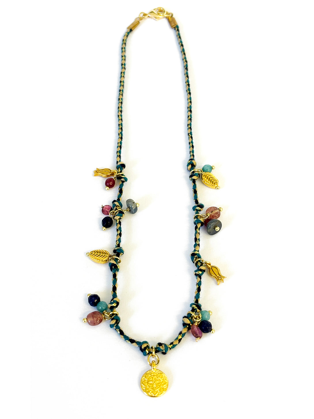 Blue Thread Necklace with gold Charms, Lapis and Tourmalines | Queen Magpie.