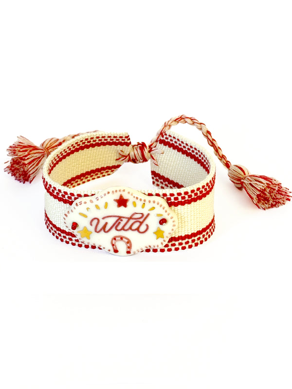 Wild Porcelain Pendant on Red and White Adjustable Band