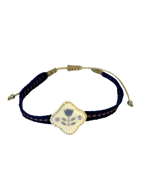 Purple Flower on Navy and Purple Adjustable Bracelet | Queen Magpie