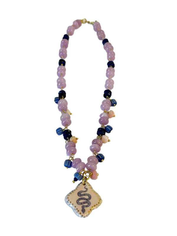 Purple Gemstone Necklace with Lapis Disks and Snake Porcelain Charm | Queen Magpie